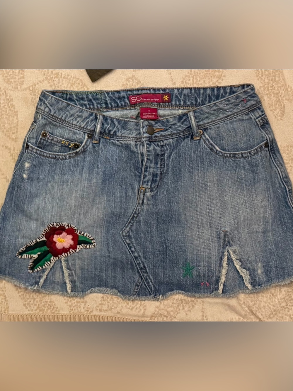 SO Denim Mini Skirt with Floral Embroidery - Blue